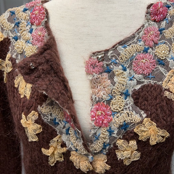Vintage Free People Antique Lace Seed Pearl Beaded Brown Wool Cropped Cardigan - Picture 9 of 14
